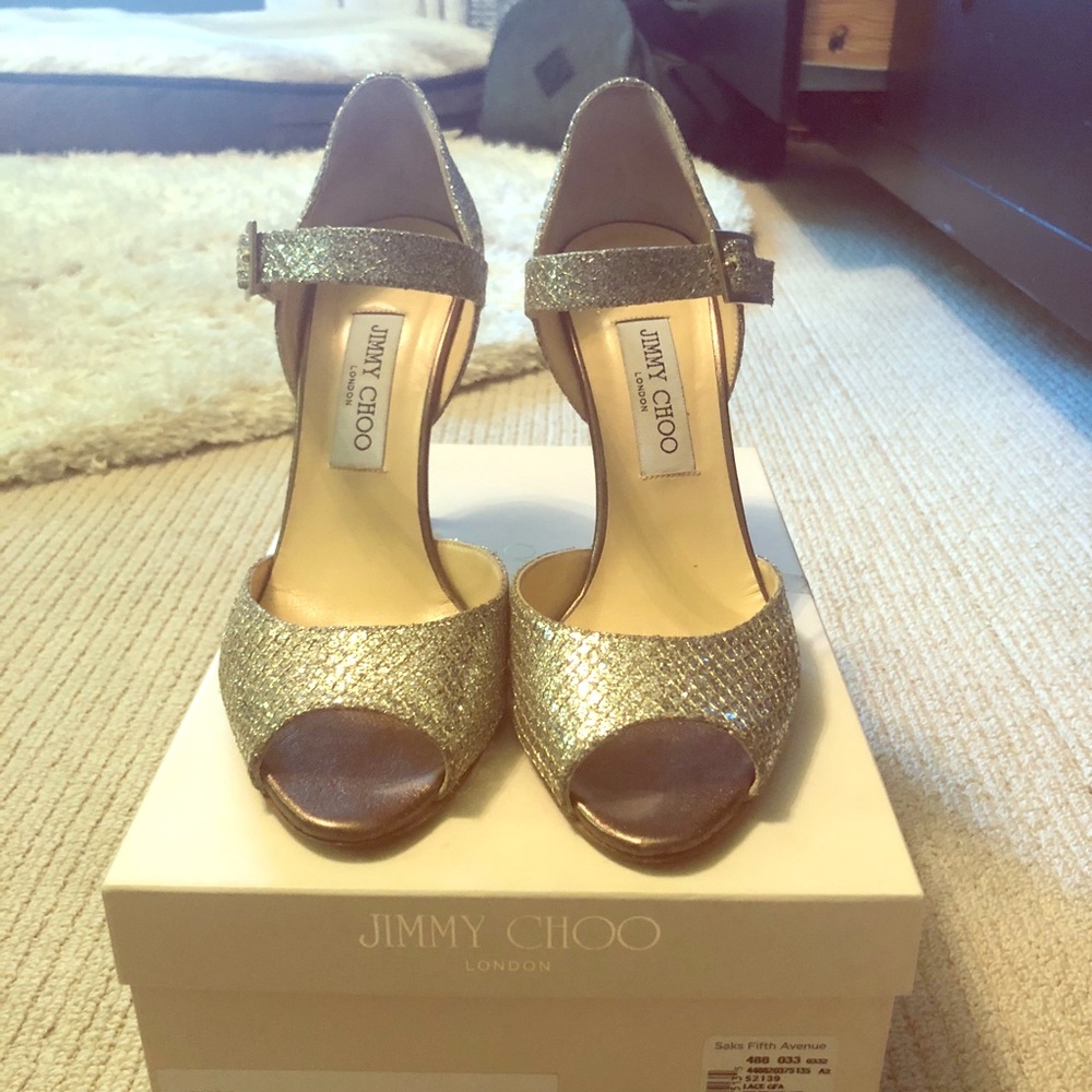 Jimmy Choo heel. Champagne Glitter fabric.
